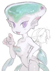  1boy 1girl :3 aqua_skin arm_fins blush body_fins closed_mouth colored_skin curtained_hair fins fish_girl grey_skin hand_on_own_hip head_fins highres link looking_at_viewer loose_hair_strand monster_girl multicolored_skin ni_(nimame629) no_nose open_mouth organic_bra phrygian_cap pointing pointing_at_viewer pointy_ears princess_ruto ribs sharp_teeth short_hair sidelocks sketch_inset slit_pupils smile solo_focus sweatdrop teeth the_legend_of_zelda the_legend_of_zelda:_ocarina_of_time the_legend_of_zelda:_ocarina_of_time_(remake) tsurime two-tone_skin upper_teeth_only violet_eyes young_link young_princess_ruto zora 
