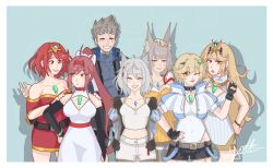  1boy 6+girls aged_up animal_ears blonde_hair brown_hair cat_ears chest_jewel commentary english_commentary facial_hair family father_and_child father_and_daughter glimmer_(xenoblade) goatee half-siblings hand_on_another's_head hands_on_another's_shoulders highres husband_and_wives long_hair milk_aaaaaaaaa mio_(xenoblade) mother_and_child mother_and_daughter multiple_girls mythra_(xenoblade) nia_(xenoblade) parent_and_child polygamy ponytail pyra_(xenoblade) red_hair rex_(xenoblade) scar scar_across_eye scar_on_face shimmer_(xenoblade) short_shorts shorts siblings sisters smile spiky_hair swept_bangs tiara xenoblade_chronicles_(series) xenoblade_chronicles_2 xenoblade_chronicles_3 xenoblade_chronicles_3:_future_redeemed 