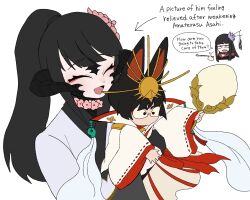  1boy 1girl 1other asahi_sas_brutus au_ra black_hair black_horns black_scales blunt_bangs bowl_cut carrying carrying_person commentary dragon_horns english_commentary english_text final_fantasy final_fantasy_xiv glaa_da gloves hair_ornament high_ponytail highres holding holding_smoking_pipe horns hyur izumi_tol_amulius japanese_clothes kimono long_hair looking_at_another makeup mole mole_under_mouth open_mouth original other_with_male ponytail red_trim scales short_hair smile smoking_pipe yotsuyu_goe_brutus yukata 