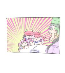  1boy 3girls beehive_hairdo border brown_hair commentary_request controller crossover earrings emphasis_lines game_console game_controller green_hair hat holding holding_controller holding_game_controller jewelry jojo_no_kimyou_na_bouken long_hair loves_only_you_(umamusume) marche_lorraine's_puppet marche_lorraine_(umamusume) multicolored_hair multiple_girls nervous_sweating open_mouth oshaka_(haguki) pink_hair red_hair school_uniform shirt short_hair smile stardust_crusaders sweat terence_t._d'arby tracen_school_uniform two-tone_hair umamusume white_border 