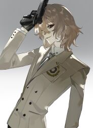  1boy absurdres akechi_goro arm_up brown_hair brown_jacket buttons chinese_commentary collared_shirt commentary_request crossed_bangs double-breasted gradient_background grey_background gun hair_between_eyes handgun highres hikawahomura holding holding_gun holding_weapon jacket long_sleeves looking_at_viewer male_focus necktie open_mouth persona persona_5 red_eyes shirt short_hair smile solo striped_clothes striped_necktie sweatdrop variant_set vertical-striped_clothes vertical-striped_necktie weapon white_necktie 