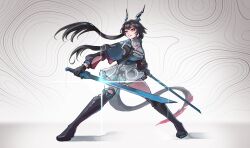  1girl absurdres alk_(4lk_uq) arknights arknights:_endfield black_boots black_gloves black_hair blue_jacket boots brown_eyes chen_qianyu_(arknights) commentary dragon_girl dragon_horns dragon_tail dual_wielding english_commentary gloves highres holding horns jacket long_hair open_mouth skirt solo tail thigh_boots twintails white_skirt 