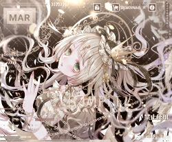  1girl absurdres ascot black_background black_bow black_ribbon blonde_hair bow brown_shirt chain chinese_commentary commentary_request commission crown expressionless eyelashes floating_hair frilled_ascot frilled_hairband frilled_sleeves frills gold_crown green_eyes hair_bow hairband hand_up hat_feather head_tilt highres layered_shirt light_blush light_particles light_rays lipstick lolita_hairband long_hair looking_up makeup mini_crown nail_polish neck_ribbon original parted_lips petals pink_liquid pink_nails puffy_short_sleeves puffy_sleeves restrained ribbon sample_watermark shirt short_sleeves solo striped_bow too_many_watermarks upper_body very_long_hair watermark wavy_hair weibo_watermark white_ascot white_hairband white_shirt zeson_zhizhi 