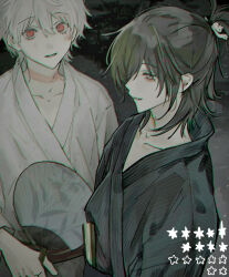  124c41hidrogen 2boys black_hair commentary folded_fan folding_fan grey_eyes hair_between_eyes hand_fan holding holding_fan japanese_clothes kimono looking_at_viewer male_focus multiple_boys nezumi_(no.6) no.6 obi paper_fan parted_lips ponytail red_eyes sash shion_(no.6) short_hair short_ponytail smile uchiwa untranslatable_commentary white_hair yukata 