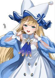  1girl aqua_eyes blonde_hair blunt_bangs blush commentary_request copyright_request dress hat highres long_hair looking_at_viewer open_mouth parted_bangs simple_background sleeveless sleeveless_dress smile solo soul_(dp11) teeth upper_teeth_only white_background white_dress white_hat 