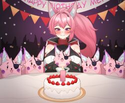  1girl absurdres animal_ears birthday_cake black_gloves blush breasts cake candle confetti food fox_ears fox_girl gem_hair_ornament gloves happy_birthday highres hood indie_virtual_youtuber large_breasts long_hair meicha_(vtuber) mole mole_under_eye pink_hair ponytail smile veridraws violet_eyes virtual_youtuber 