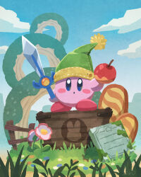  apple blue_eyes blue_sky blush_stickers clouds commentary_request day food fruit full_body green_hat hat highres holding holding_food holding_fruit holding_sword holding_weapon kirby kirby_(series) looking_at_viewer miclot no_humans outdoors sky solo sword sword_kirby weapon 