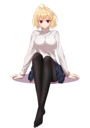  1girl antenna_hair arcueid_brunestud arm_support black_pantyhose blonde_hair blue_skirt blush breasts commentary_request highres jewelry knees_up large_breasts light_blush light_smile miniskirt necklace no_shoes pantyhose plaid_clothes plaid_skirt shiny_clothes short_hair single_hair_intake sitting skirt smile solo sweater taketsuki_217 toes tsukihime tsukihime_(remake) turtleneck turtleneck_sweater white_background white_sweater 