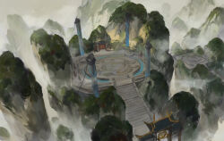  architecture bamboo_nima day east_asian_architecture fog high_up highres karst mountain mountainous_horizon no_humans original outdoors pillar scenery wide_shot 