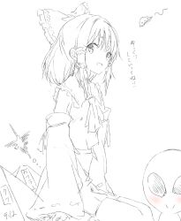  1girl alien ascot blush bow closed_mouth commentary_request core_(mayomayo) detached_sleeves frilled_bow frilled_hair_tubes frills greyscale hair_bow hair_tubes hakurei_reimu highres long_hair looking_at_viewer monochrome open_mouth ribbon-trimmed_sleeves ribbon_trim sitting skirt smile solo touhou translation_request ufo 
