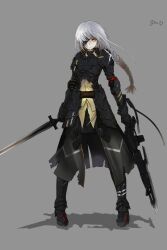  1girl absurdres armor assault_rifle boots braid braided_ponytail closed_mouth eyepatch full_body geoe9 girls_frontline grey_background grey_hair gun highres holding holding_gun holding_sword holding_weapon long_hair looking_at_viewer m16 m16a1_(boss)_(girls'_frontline) m16a1_(girls'_frontline) orange_eyes pauldrons rifle shadow shoulder_armor simple_background solo standing sword weapon 