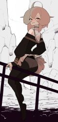  black_pantyhose bridge brown_hair deo_artist guard_rail haruka_(deo_artist) highres looking_back medium_hair monochrome_background off-shoulder_shirt off_shoulder on_guard_rail original panties panties_under_pantyhose pantyhose pleated_skirt red_eyes shirt sitting skirt underwear white_panties white_skirt 