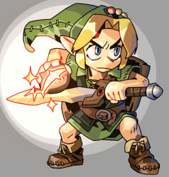  1boy blonde_hair blue_eyes child commentary cpt_hamburger deku_shield english_commentary green_hat green_tunic hat highres holding holding_sword holding_weapon kokiri_sword link male_focus serious shield shield_on_back solo sword the_legend_of_zelda the_legend_of_zelda:_ocarina_of_time tunic weapon wooden_shield young_link 