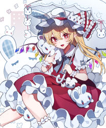  1girl animal_ears blonde_hair bow bowtie collared_shirt commentary_request crystal crystal_wings fang flandre_scarlet frilled_shirt_collar frilled_skirt frills grey_bow grey_bowtie hat hat_ribbon highres holding holding_umbrella looking_at_viewer mob_cap multicolored_wings one_side_up pointy_ears puffy_short_sleeves puffy_sleeves rabbit_ears red_eyes red_skirt red_vest revision ribbon samon_(vxxr8575) shirt short_sleeves skin_fang skirt skirt_set socks solo stuffed_animal stuffed_rabbit stuffed_toy touhou umbrella vest white_hat white_shirt white_socks wings 