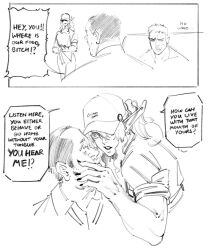  1girl 2boys commentary english_text grabbing_another's_chin hand_on_another's_chin harris_hero hat ish_the_tyrant long_hair multiple_boys muscular muscular_female original peaked_cap pointy_ears short_hair speech_bubble 