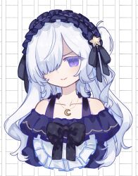  1girl bare_shoulders black_ribbon blue_dress blue_hairband bow closed_mouth collarbone commentary_request crescent crescent_necklace cropped_torso dress dress_bow frilled_dress frilled_hairband frills gothic_lolita grid_background hair_over_one_eye hair_ribbon hairband jewelry lolita_fashion lolita_hairband long_hair looking_at_viewer mahou_shoujo_no_majo_saiban nakamochi24 natsume_an-an necklace off-shoulder_dress off_shoulder one_eye_covered polka_dot polka_dot_bow ribbon simple_background smile solo violet_eyes white_background white_hair 