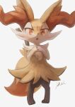  1girl animal_ear_fluff animal_ears animal_feet animal_nose artist_name black_fur blush body_fur braixen commentary english_commentary flat_chest fox_ears fox_girl fox_tail full_body furry furry_female grey_background hands_on_own_chest hands_up highres ikei light_blush looking_up multicolored_fur neck_fur open_mouth own_hands_together pokemon pokemon_(creature) red_eyes signature simple_background solo standing stick tail white_fur yellow_fur 