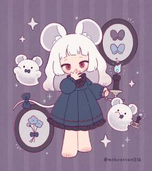  1girl animal_ears barefoot blue_fire bow bowtie candle candlestand chibi chibi_only commentary_request covering_own_mouth dress fire frilled_dress frilled_shirt_collar frilled_sleeves frills full_body ghost highres holding holding_candlestand long_hair long_sleeves looking_at_viewer mitsuame_(milkcotton316) mouse_(animal) mouse_ears mouse_girl mouse_tail original red_eyes solo striped_background tail tail_bow tail_ornament traditional_bowtie twitter_username vertical-striped_background white_hair 