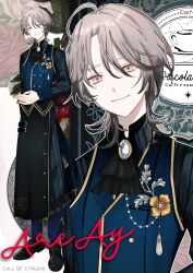  1boy ahoge apron aqua_eyes areay arm_at_side ascot black_apron black_ascot black_shirt black_shoes blue_pants blue_vest brooch brown_hair call_of_cthulhu closed_mouth commentary_request copyright_name curtained_hair floral_background flower_brooch full_body gem hair_between_eyes head_tilt highres jewelry looking_at_viewer male_focus multicolored_eyes nokico orange_eyes outline pants pearl shirt shoes short_hair smile solo standing two-tone_eyes vest waist_apron waiter white_outline wolf_cut zoom_layer 