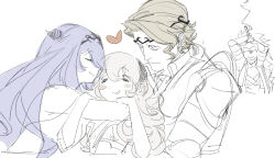  2boys 2girls adoptive_siblings armor armored_leotard black_hairband blonde_hair brother_and_sister camilla_(fire_emblem) closed_mouth female_corrin_(fire_emblem) fire_emblem fire_emblem_fates hairband heart hug leotard multiple_boys multiple_girls pointy_ears purple_hair ryoma_(fire_emblem) siblings sisters smile step-siblings upper_body wenli xander_(fire_emblem) 