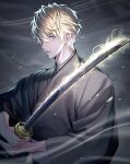  1boy absurdres bata000e black_kimono blonde_hair closed_mouth commentary_request gradient_hair grey_background hair_between_eyes highres holding holding_sword holding_weapon japanese_clothes katana kimono light_particles long_sleeves looking_at_viewer male_focus mole mole_on_neck multicolored_hair nijisanji nijisanji_en obi sash short_hair smoke solo sonny_brisko striped striped_sash sword violet_eyes virtual_youtuber weapon white_hair white_sash wide_sleeves 