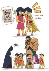  aged_down batman batman_(series) belt bodysuit cape child cowl crossover damian_wayne dc_comics dick_grayson domino_mask erasartt escrima_sticks eye_mask gloves green_gloves grey_bodysuit highres jason_todd joker_(dc) mask multicolored_bodysuit nico_robin one_piece robin_(dc) superhero_costume taut_bodysuit taut_clothes tim_drake two-tone_bodysuit utility_belt yellow_cape 