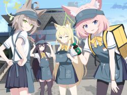  4girls adjusting_apron adjusting_clothes adjusting_headwear ahoge animal_ear_fluff animal_ears apron aqua_apron aqua_eyes aqua_visor_cap bike_shorts bike_shorts_under_skirt black_pantyhose blonde_hair blue_archive blue_eyes blue_halo blue_skirt blue_sky bottle bow bowtie brown_hair clouds collared_shirt commentary_request day employee_uniform energy_drink fox_ears fox_girl fox_platoon_(blue_archive) green_eyes green_halo halo hat highres holding holding_bottle holding_unworn_clothes holding_unworn_hat kurumi_(blue_archive) long_hair miniskirt multiple_girls niko_(blue_archive) niko_(part-time)_(blue_archive) one_eye_closed otogi_(blue_archive) outdoors pantyhose pink_hair pleated_skirt real_world_location red_eyes red_halo ring_of_light_(blue_archive) shirt short_hair short_sleeves skirt sky thigh-highs tokyo_big_sight two_side_up unworn_hat unworn_headwear visor_cap white_shirt wind_0180 yellow_bow yellow_bowtie yukino_(blue_archive) 