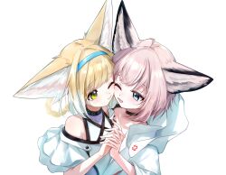  :3 :d ahoge animal_ears arknights black_choker black_collar blonde_hair blue_eyes blue_hairband braid braided_hair_rings cheek_press choker cloak collar commentary_request cross dress fox_ears fox_girl greek_cross green_eyes grey_hair hair_intakes hair_rings hairband highres holding_hands hood hood_down hooded_cloak huge_ears infection_monitor_(arknights) looking_at_another material_growth medium_hair neko_maru_00 off-shoulder_dress off_shoulder one_eye_closed oripathy_lesion_(arknights) red_cross simple_background single_bare_shoulder smile sussurro_(arknights) suzuran_(arknights) upper_body white_background white_cloak white_dress yuri 