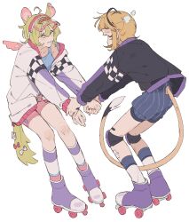  2girls absurdres addendium ahoge ashton_marten_(vtuber) blonde_hair blue_overalls blush checkered_clothes closed_eyes commentary dooby english_commentary highres hood hoodie indie_virtual_youtuber jerboa jerboa_tail knee_pads mouse_girl mouse_tail multiple_girls open_mouth overalls roller_skates short_hair shorts skates smile socks steam tail vest virtual_youtuber whistle wings 