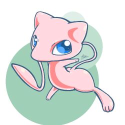  artist_name blue_eyes colored_skin commentary_request green_circle looking_at_viewer mew_(pokemon) no_humans no_mouth pink_skin pokemon pokemon_(creature) pokemon_focus sanusanu signature solo white_background 