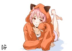  1girl :3 absurdres ahoge aucufeo blush commentary feet_up hand_on_own_head head_on_hand head_rest highres hood hooded_jacket jacket looking_at_viewer lying nonohara_yuzuko numbered on_stomach orange_jacket pink_eyes pink_hair pink_shorts shirt short_hair shorts simple_background smile solo white_background white_shirt yuyushiki 