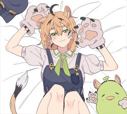  1girl addendium ahoge animal_ear_fluff animal_ears animal_hands arms_up blue_overalls blush closed_eyes commentary dooby english_commentary gloves goggles green_eyes green_neckerchief hat highres indie_virtual_youtuber kippu_(dooby) legs_up lying multicolored_hair neckerchief on_back on_bed overalls paw_gloves peaked_cap shirt short_hair short_sleeves smile streaked_hair tail virtual_youtuber white_shirt 