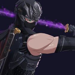  1boy arm_guards armor black_armor black_background black_gloves black_scarf breastplate commentary cropped dragon_sword elbow_gloves english_commentary forehead_protector gauntlets gloves glowing glowing_sword glowing_weapon green_eyes highres katana kunai mask masked miasma mouth_mask ninja ninja_gaiden ninja_gaiden_4 ninja_mask ryu_hayabusa scarf science_fiction sheath simple_background solo sword upper_body vincent_star_bn weapon 