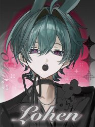  1boy ahoge alternate_costume animal_ears black_choker black_flower black_jacket black_ribbon blue_eyes border chain chain_necklace character_name choker commentary crossed_bangs empty_eyes english_text flower four-pointed_star genshin_impact green_hair grey_border hair_between_eyes highres jacket jewelry kemonomimi_mode lapels lohen_(genshin_impact) looking_at_viewer male_focus mole mole_under_eye multicolored_eyes neck_ribbon necklace open_mouth outside_border pink_background rabbit_boy rabbit_ears ribbon rtms short_hair simple_background solo star_(symbol) teeth upper_body violet_eyes 