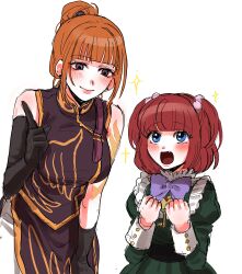  :d absurdres arm_tattoo asymmetrical_gloves aunt_and_niece black_dress black_gloves blunt_bangs boetie bow breasts chinese_clothes clenched_hands commentary_request dress fang frilled_shirt frills gloves green_dress hair_bun highres jewelry juliet_sleeves key key_necklace korean_commentary kuya_(hey36253625) large_breasts long_sleeves looking_at_another looking_down looking_up necklace orange_hair pants pointing pointing_up puffy_sleeves purple_bow qipao red_hair shirt short_twintails sidelocks smile sparkle spoilers tattoo twintails umineko_no_naku_koro_ni ushiromiya_ange ushiromiya_ange_(young) ushiromiya_eva white_background white_pants 
