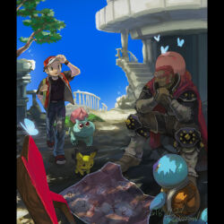  2boys assemblerones backpack bag black_shirt blue_sky bug butterfly commentary_request denim ivysaur jeans kirby kirby_(series) knee_pads long_sideburns male_focus map multiple_boys outdoors pants pichu pillarboxed pokemon pokemon_firered_and_leafgreen red_(pokemon) red_hair shirt sideburns sign signature sky squirtle super_smash_bros. the_legend_of_zelda the_legend_of_zelda:_ocarina_of_time wristband 