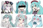  6+girls aimaina animal_ears blue_hair blue_necktie cat_ears censored closed_mouth commentary eyewear_on_head ghost grey_hair grey_shirt hatsune_miku high_fever_(module) highres identity_censor japanese_clothes kimono liquid_from_mouth long_hair long_sleeves looking_at_viewer low_twintails microphone multiple_girls multiple_persona n_omi necktie obake_no_ukenerai_(vocaloid) pill_hair_ornament pink_eyes real_ni_buttobasu_(vocaloid) shirt shuukan_shounen_bye_bye_(vocaloid) simple_background slow_motion_(vocaloid) songover sunglasses tokumei_m_(vocaloid) triangular_headpiece twintails very_long_hair vocaloid white_background white_kimono wide_sleeves 