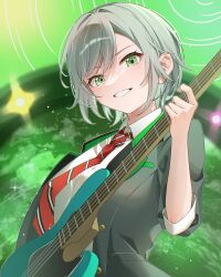  1girl absurdres bass_guitar buttons collared_shirt commentary_request contrast_lapels diagonal-striped_clothes diagonal-striped_necktie dot_nose fender_jazz_bass green_background green_eyes grey_hair grin highres hinomori_shiho holding holding_bass_guitar holding_instrument instrument jacket lapels light_blush looking_at_viewer necktie notched_lapels open_clothes open_jacket project_sekai red_necktie shirt short_hair sidelocks smile solo striped_clothes striped_necktie three-quarter_sleeves upper_body white_shirt wing_collar yuki_tama1231 