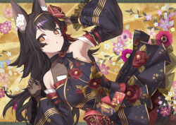  1girl absurdres animal_ear_fluff animal_ears armpits black_dress black_gloves black_hair commentary_request detached_sleeves double-parted_bangs dress flipped_hair floral_print floral_print_dress flower frilled_sleeves frills gloves gold_trim hair_flower hair_ornament halter_dress halterneck highres hololive hololive_dreams long_hair looking_at_viewer lying multicolored_hair official_alternate_costume on_back ookami_mio ookami_mio_(calming_nightscape) print_dress r.da12 red_streaks sidelocks single_hair_streak sleeveless sleeveless_dress solo streaked_hair tail tail_around_own_leg very_long_hair virtual_youtuber wide_sleeves wolf_ears wolf_girl wolf_tail yellow_eyes 