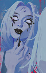  1girl absurdres applying_lipstick applying_makeup applying_own_makeup black_lips black_nails blue_background blue_hair blue_sclera blue_skin blue_tank_top colored_sclera colored_skin curtained_hair deadlock_(game) euli_art facial_mark forehead_mark ghost_girl highres long_hair looking_at_mirror makeup mascara mirror no_pupils runny_makeup solo tank_top triangle triangle_facial_mark vindicta_(deadlock) white_eyes 