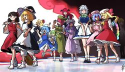  6+girls absurdres apron ascot back_bow bat_wings beret black_bow black_dress black_hat black_ribbon black_shoes black_skirt black_vest blonde_hair bloomers blue_bow blue_dress blue_eyes blue_hair blue_skirt blue_vest blush bow braid breasts brown_hair brown_shoes cirno closed_mouth collared_shirt commentary_request crescent crescent_hat_ornament crystal crystal_wings daiyousei demon_wings detached_sleeves detached_wings dress embodiment_of_scarlet_devil fangs flandre_scarlet frilled_shirt_collar frills full_body gohei green_bow green_eyes green_hair green_hat green_skirt green_vest grey_hair hair_bow hair_ribbon hair_tubes hakurei_reimu hat hat_bow hat_ornament hat_ribbon head_wings highres holding holding_gohei hong_meiling ice ice_wings iganashi1 izayoi_sakuya kirisame_marisa koakuma large_breasts long_hair maid maid_headdress mary_janes medium_hair mob_cap multicolored_wings multiple_girls multiple_hair_bows neck_ribbon official_alternate_costume one_side_up open_mouth outstretched_arms patchouli_knowledge pinafore_dress pink_bow pink_dress pink_hat pink_shirt pink_skirt puffy_short_sleeves puffy_sleeves purple_hair red_ascot red_bow red_eyes red_hair red_ribbon red_skirt red_vest remilia_scarlet ribbon ribbon-trimmed_shirt ribbon-trimmed_sleeves ribbon_trim rumia satsuki_rin sharp_teeth shirt shoes short_sleeves side_braid single_braid skirt skirt_set sleeveless sleeveless_dress smile socks spread_arms star_(symbol) star_hat_ornament stitched striped_clothes striped_dress teeth third-party_edit touhou twin_braids vertical-striped_clothes vertical-striped_dress vest violet_eyes waist_apron white_apron white_bloomers white_bow white_hat white_shirt white_socks wings witch_hat yellow_ascot yellow_bow yellow_eyes zun_pose 