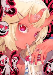  1girl absurdres anti-eyebrow_piercing blonde_hair blood blood_from_eyes bow bubble_tea close-up colored_eyelashes colored_skin commentary cup disposable_cup drinking_straw english_commentary eye_socket eyeball face_piercing finger_bow fingernails gyaru hair_between_horns hair_ornament hairclip heart highres horn_bow horn_ornament horns kivo long_fingernails long_hair multiple_others nail_art oni original piercing red_eyes red_nails red_oni red_skin scrunchie solo_focus when_you_see_it wrist_scrunchie 