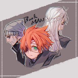  3boys ahoge alex_tiamat artist_name beanie black_eyeshadow black_jacket bookman border braid brown_background brown_cloak cloak collared_jacket d.gray-man dangle_earrings earrings english_text eyepatch eyeshadow facing_away green_eyes grey_background grey_hat hair_between_eyes hat high_collar hoop_earrings jacket jewelry lavi long_hair looking_at_viewer looking_to_the_side makeup male_focus mature_male multiple_boys multiple_earrings old old_man one_eye_covered orange_hair parted_bangs past_lavi_(d.gray-man) pointy_ears portrait short_hair sidelocks signature single_braid spiky_hair two-tone_background white_border white_hair wrinkled_skin 
