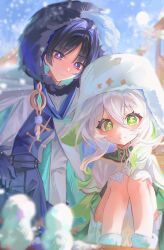  1boy 1girl aqua_gem black_pants blue_background blue_gloves blue_scarf blue_shirt blue_sky blunt_ends blurry blurry_foreground boots capelet closed_mouth coat commentary cross-shaped_pupils day dress eyelashes eyeshadow feet_out_of_frame fur-trimmed_coat fur_trim gem genshin_impact gloves gold_trim green_dress green_eyes green_hair green_pupils grey_hair hair_ornament hands_on_own_knees hands_up hat highres hood hooded_coat jacket leaf_hair_ornament long_hair long_sleeves looking_at_object looking_down makeup multicolored_hair nahida_(genshin_impact) nahida_(nord_express)_(genshin_impact) official_alternate_costume outdoors pants pointy_ears pom_pom_(clothes) purple_hair red_eyeshadow scaramouche_(genshin_impact) scarf shirt short_hair side_ponytail sidelocks sky smile snow snowing snowman squatting symbol-shaped_pupils two-tone_hair untranslatable_commentary ushanka violet_eyes vision_(genshin_impact) wanderer_(genshin_impact) wanderer_(nord_express)_(genshin_impact) wavy_hair white_boots white_capelet white_coat white_gloves white_hat white_jacket winter xd_yuh182 
