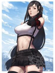  1girl 5tatsu belt black_hair black_skirt black_sports_bra black_thighhighs blue_sky border breasts clouds commentary_request cowboy_shot crop_top detached_sleeves eyelashes final_fantasy final_fantasy_vii final_fantasy_vii_remake fingerless_gloves gloves highres large_breasts legs_apart long_hair looking_to_the_side low-tied_long_hair materia midriff miniskirt navel outdoors panties pantyshot parted_lips red_eyes shirt sideways_glance skirt sky sleeveless sleeveless_shirt sports_bra standing suspender_skirt suspenders thigh-highs tifa_lockhart tucking_hair underwear very_long_hair watermark white_border white_shirt 