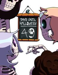  1boy 3girls amethyst_(steven_universe) chalk chalkboard discount-supervillain garnet_(steven_universe) glowing glowing_eyes halloween holding holding_chalk long_hair multiple_girls pearl_(steven_universe) skeleton skull steven_quartz_universe steven_universe teeth 