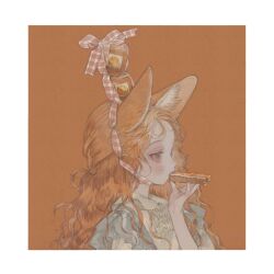  1girl animal_ears blush bread bread_slice cat_ears cat_girl commentary_request dress eating food green_eyes jam jar long_hair nekosuke_(oxo) on_head orange_hair original profile solo toast upper_body 