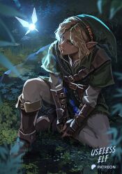  1boy artist_name blonde_hair blue_eyes brown_gloves champion's_tunic_(zelda) commentary english_commentary fairy fairy_wings gloves green_tunic link navi outdoors pointy_ears the_legend_of_zelda the_legend_of_zelda:_ocarina_of_time tunic twitter_username useless_elf wings 