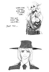  2girls ammunition_belt closed_mouth commentary english_text facial_mark fingernails harris_hero hat highres ish_the_tyrant jacket long_fingernails long_hair movie_reference multiple_girls necktie original pointy_ears shirt wide_brim yuri_crimson 
