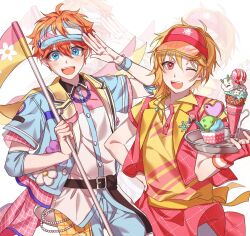  2boys ahoge akehoshi_subaru arm_up bead_bracelet beads belt black_belt blonde_hair blue_eyes blush bracelet commentary elbow_pads ensemble_stars! flag food hair_between_eyes hand_on_own_hip highres holding holding_flag holding_tray ice_cream jacket jewelry jjora looking_at_viewer male_focus multicolored_jacket multiple_boys nito_nazuna official_alternate_costume one_eye_closed open_mouth orange_hair red_eyes salute short_hair short_sleeves simple_background smile teeth tray two-tone_shirt untranslatable_commentary upper_teeth_only visor_cap white_background wristband 